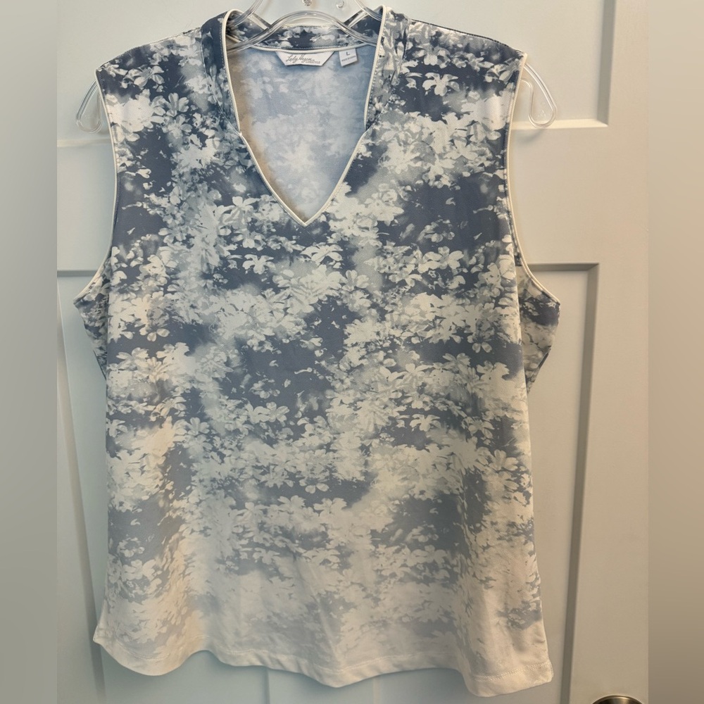 Lady Hagen Women's Sleeveless Blue White Floral Polo (L)